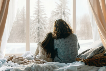 Mother and daughter enjoying winter nature in the  window