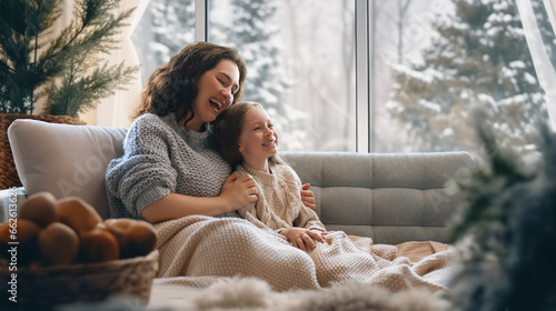 Mother and daughter enjoying winter nature in the  window photo