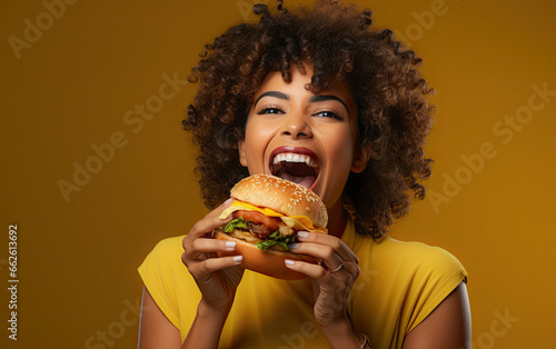 Happy woman eating Big Cheeseburger Hamburger on yellow orange background   artwork graphic design illustration.