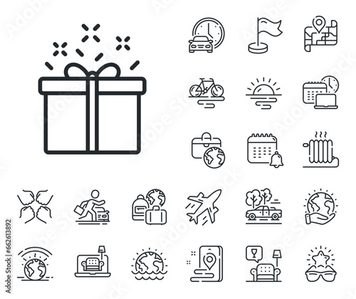 Present or Sale sign. Plane jet, travel map and baggage claim outline icons. Gift box line icon. Birthday Shopping symbol. Package in Gift Wrap. Special offer line sign. Vector