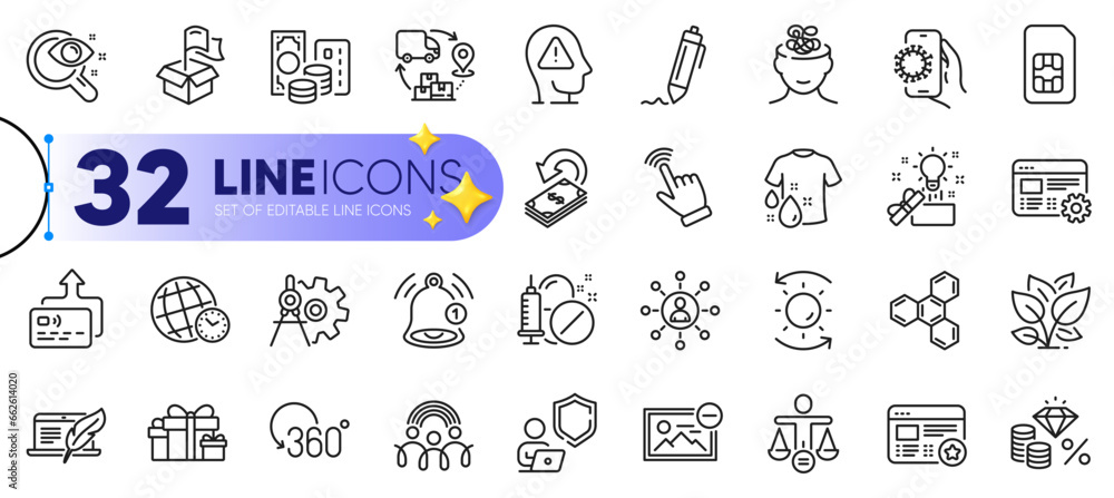 Outline set of Leaf, Mental health and Medical drugs line icons for web with Shield, Ethics, Inclusion thin icon. Vision test, Cashback, Full rotation pictogram icon. Reminder, Sim card. Vector