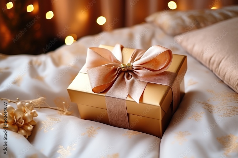 Beautiful box with a wedding ring on the bed. Wedding concept Beautiful box with a wedding ring on the bed. Wedding concept