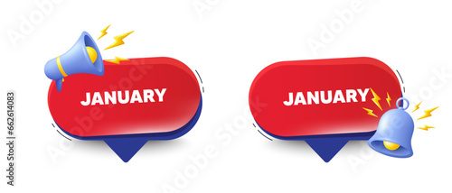 January month icon. Speech bubbles with 3d bell, megaphone. Event schedule Jan date. Meeting appointment planner. January chat speech message. Red offer talk box. Vector