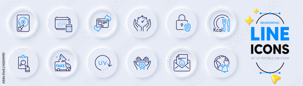 Fake news, Hdd and Smile line icons for web app. Pack of Fingerprint lock, Calories, Timer pictogram icons. Uv protection, Internet notification, Account signs. Employee hand. Vector Fake news, Hdd and Smile line icons for web app. Pack of Fingerprint lock, Calories, Timer pictogram icons. Uv protection, Internet notification, Account signs. Employee hand. Vector