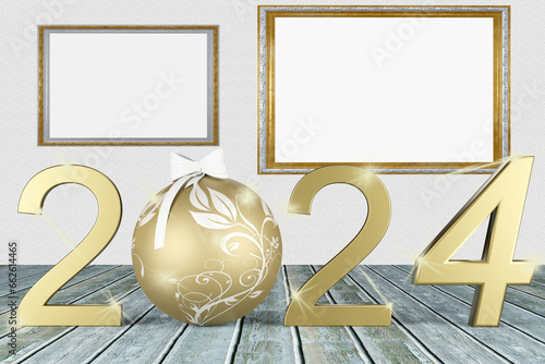 Illustrazione 3D. Anno nuovo 2024. Capodanno 2024 in numeri e palla di Natale. Sfondo con decorazione e ambientazione natalizia. photo