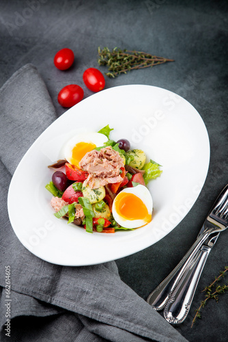 salad with soft-boiled egg, tuna, green onions, boiled potatoes, side view