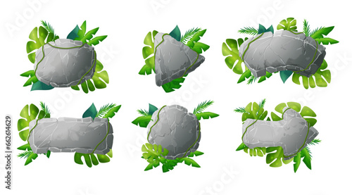 Stone tablets or stone banners overgrown with plants realistic vector isolated.