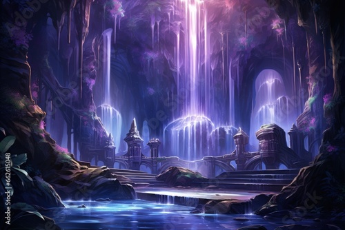 Harmonious waterfalls of glowing crystals, cascading with soothing melodies - Generative AI