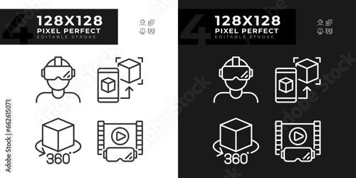 Simple pixel perfect icons collection representing VR, AR and MR, editable light and dark thin line illustration.