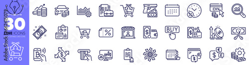 Discount banner, Wallet money and Bitcoin pay line icons pack. Buy car, Loan percent, Cut tax web icon. Versatile, Report, Operational excellence pictogram. Growth chart, Market seller. Vector