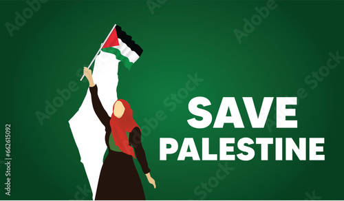 Palestine woman holding flag save Palestine vector poster 