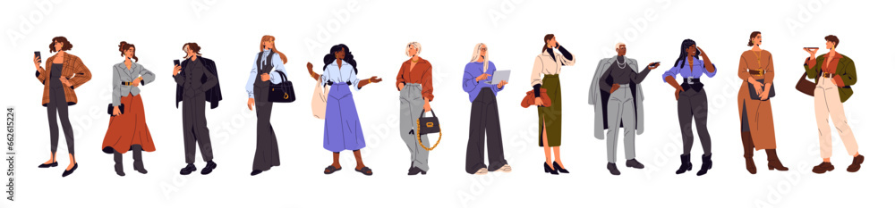 Modern businesswomen set. Stylish people with smartphones, bags in office costume standing. Diverse women, workers, employees group. Business, work fashion. Flat isolated vector illustration on white Modern businesswomen set. Stylish people with smartphones, bags in office costume standing. Diverse women, workers, employees group. Business, work fashion. Flat isolated vector illustration on white