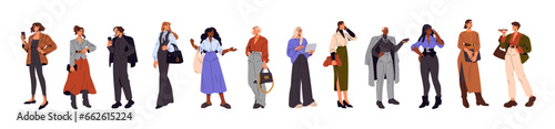 Modern businesswomen set. Stylish people with smartphones, bags in office costume standing. Diverse women, workers, employees group. Business, work fashion. Flat isolated vector illustration on white