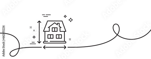 House dimension line icon. Continuous one line with curl. Building size sign. Architecture measurement symbol. House dimension single outline ribbon. Loop curve pattern. Vector