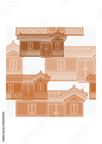 Editable Wide Traditional Hanok Korean House Building Vector Illustration as Seamless Pattern for Creating Background and Decorative Element of Oriental History and Culture Related Design