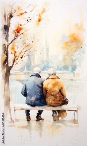 Watercolor painting of a couple in the autumn park.