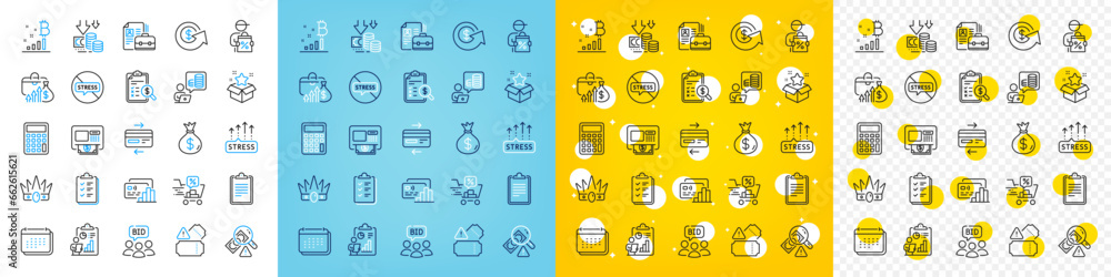 Vector icons set of Bitcoin graph, Report and Money bag line icons pack for web with Dollar exchange, Stress grows, Vacancy outline icon. Loyalty program, Credit card, Discounts cart pictogram. Vector