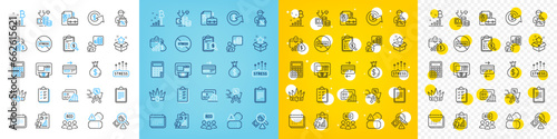 Vector icons set of Bitcoin graph, Report and Money bag line icons pack for web with Dollar exchange, Stress grows, Vacancy outline icon. Loyalty program, Credit card, Discounts cart pictogram. Vector