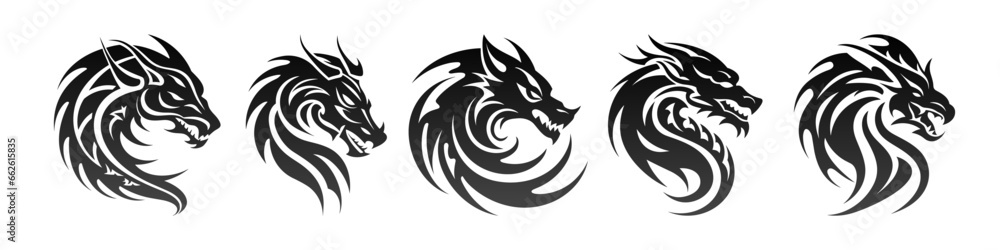 Tribal tattoo of the dragon head silhouette ornament flat style design vector illustration set isolated on white background. Chinese symbol and fantasy mascot monster for design ideas and tattoos.