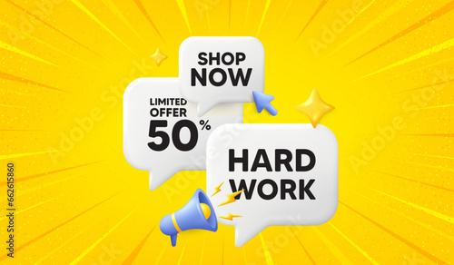 Hard work tag. 3d offer chat speech bubbles. Job motivational offer. Gym workout slogan message. Hard work speech bubble 3d message. Talk box megaphone banner. Vector