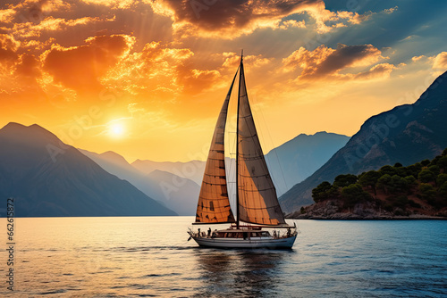 Sailing boat on the sea against the background of the mountains