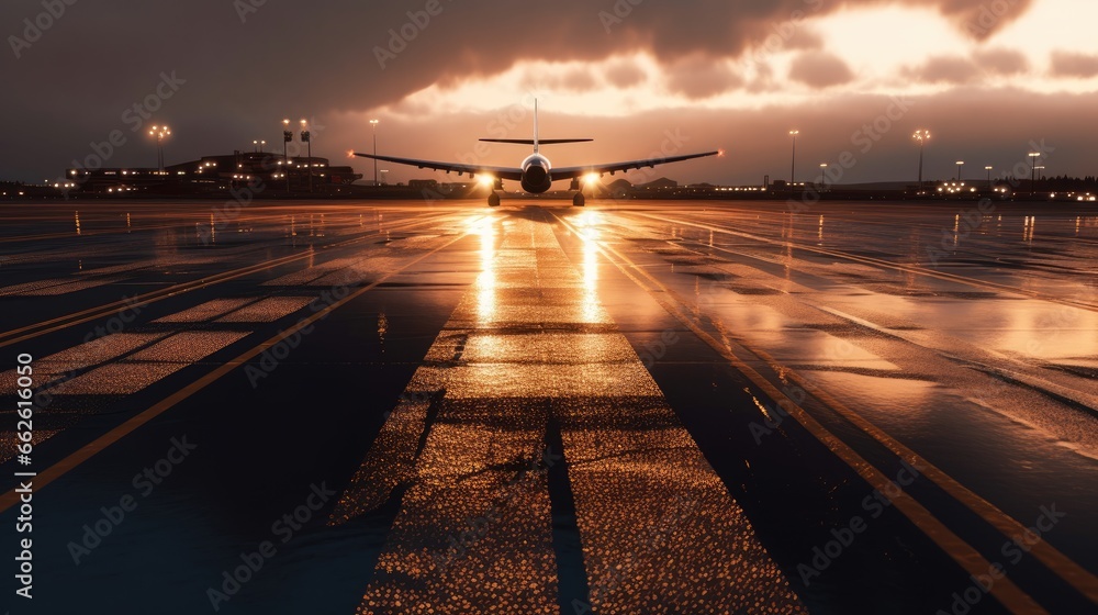 Airlines on Airport Runway Taking Off at Sunset