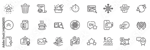 Icons pack as Vip certificate, Legal documents and Logistics network line icons for app include Swipe up, Winner ribbon, Coffee cup outline thin icon web set. Online shopping. Vector