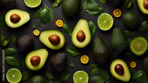 Flat lay of fresh avocado, sliced avocado, sliced lemon on black background. top view, horizontal version, no people, nobody photo