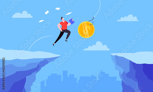 Fishing money chase business concept with businessman running after dangling dollar jumps over the cliff. Working hard and always busy in the loop routine flat style design vector illustration.