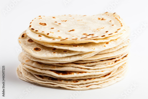Stack of tortillas on white background