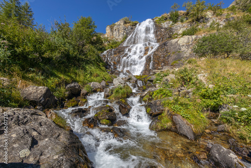 View of Pisciai waterfall in the municipality of Vinadio, province of Cuneo, Piedmont, Italy.