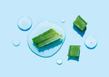 aloe vera on a light blue background round drops top view 
