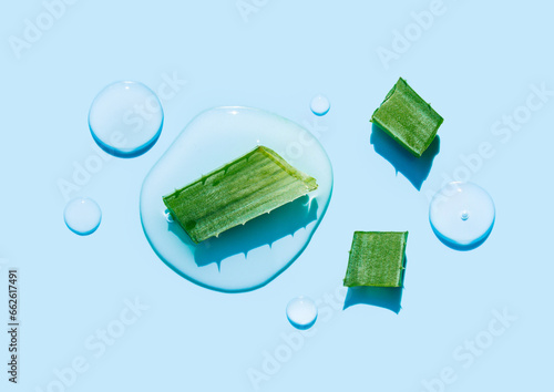 aloe vera on a light blue background round drops top view 