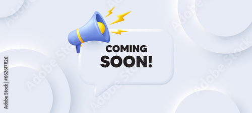 Coming soon tag. Neumorphic 3d background with speech bubble. Promotion banner sign. New product release symbol. Coming soon speech message. Banner with megaphone. Vector