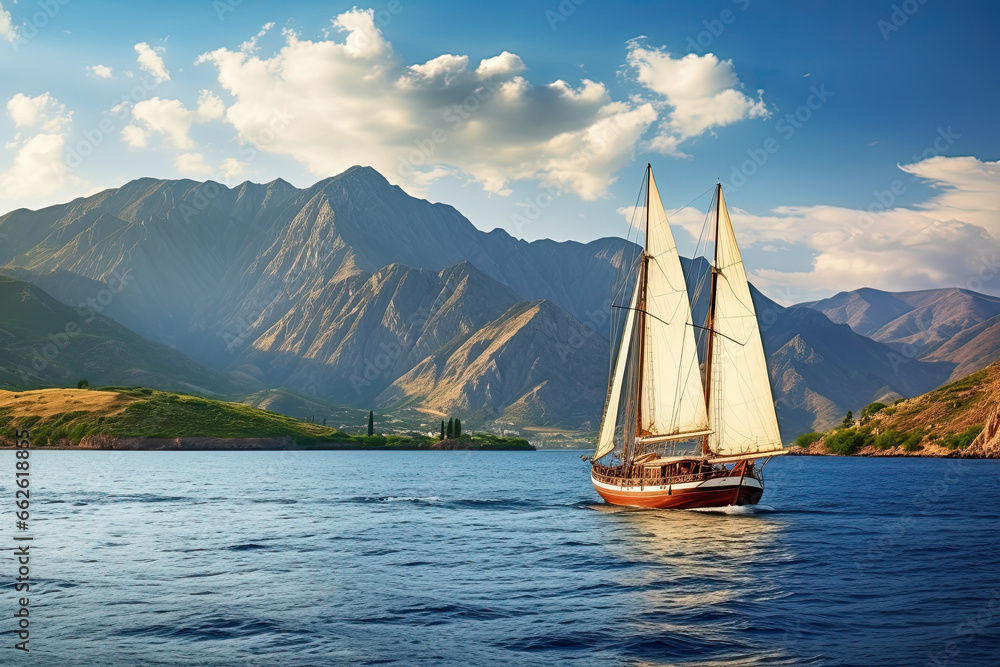 Sailing boat on the sea against the background of the mountains Sailing boat on the sea against the background of the mountains