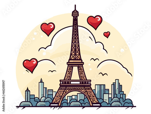 Doodle Eiffel Tower with heart, cartoon sticker, sketch, vector, Illustration, minimalistic