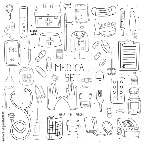 Hand drawn Healthcare and medicine vector doodles illustration. Isolated vector objects on white background.