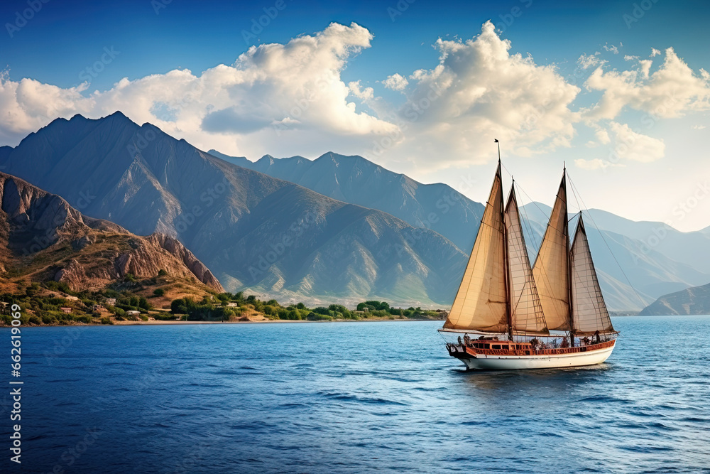 Sailing boat on the sea against the background of the mountains Sailing boat on the sea against the background of the mountains