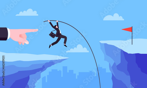 Businessman jumps pole vault over graph bars flat style design vector illustration business concept. Business growth and goal achievement concept.
