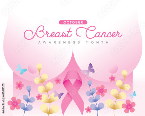 Breast cancer awareness month - Pink ribbon awareness sign with flowers, leave and butterflys around on human breast body background vector design