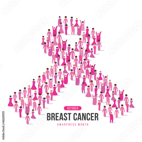 Breast cancer awareness month text and abstract human pink ribbon formed to raise breast cancer awareness vector design