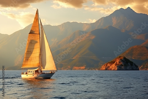 Sailing boat on the sea against the background of the mountains