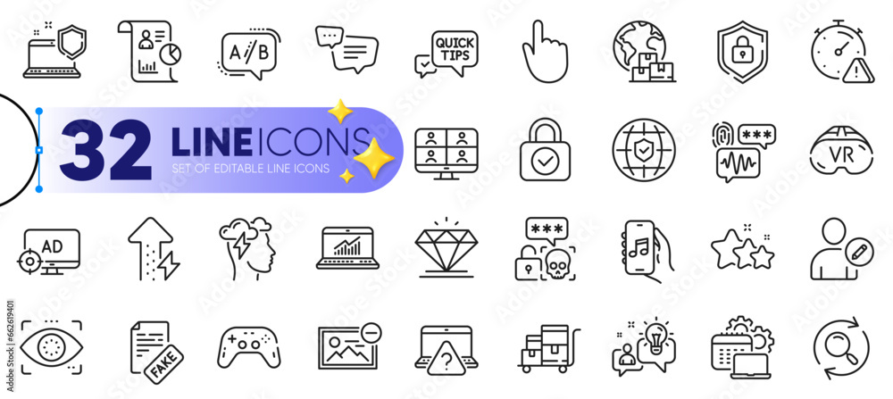 Outline set of Online question, Attention and Diamond line icons for web with Remove image, Eye detect, Seo adblock thin icon. Software, Shield, Report pictogram icon. Inventory cart. Vector