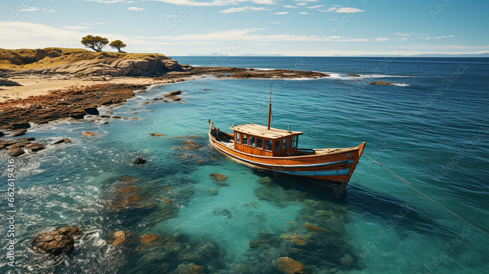 Fototapeta premium Aerial view of a wooden fishing boat in the sea, Greece