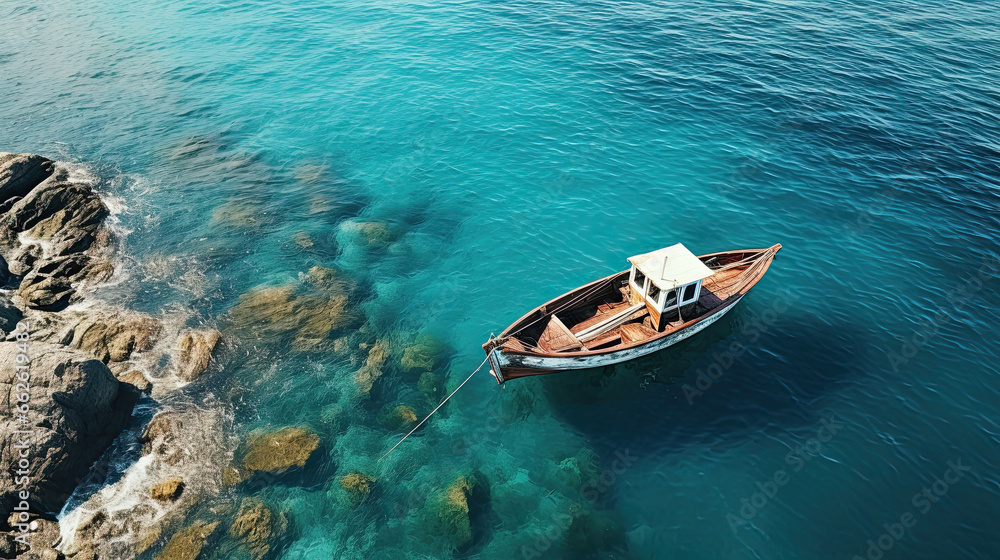 Fototapeta premium Aerial view of a wooden fishing boat in the sea, Greece