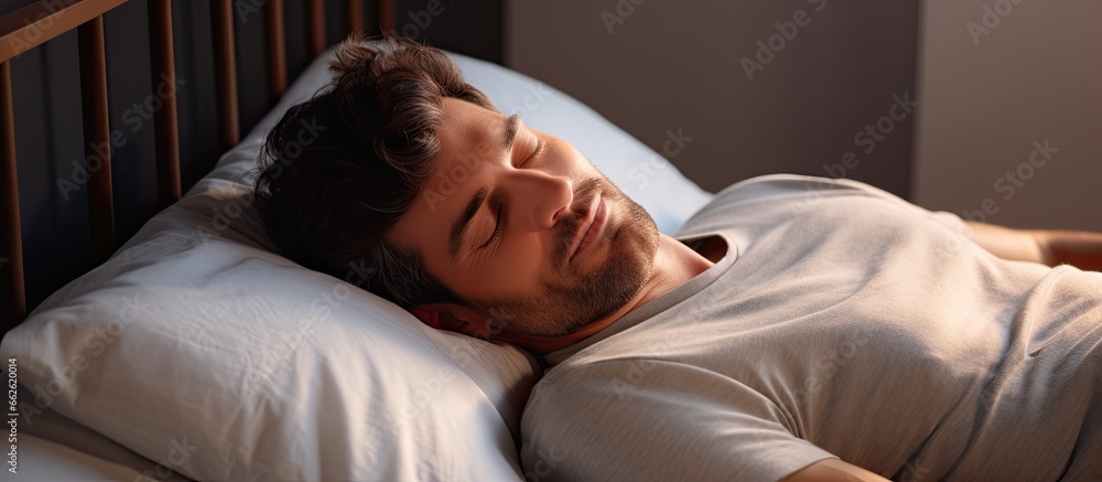 A man rests in bed for wellness on a comfortable pillow at home sleeping in the morning for peace and quiet Tired or exhausted he dreams on a peaceful holiday in the bedroom With copyspace A man rests in bed for wellness on a comfortable pillow at home sleeping in the morning for peace and quiet Tired or exhausted he dreams on a peaceful holiday in the bedroom With copyspace