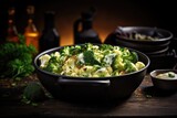 Black saucepan with cooked broccoli and cauliflower on wooden table.
