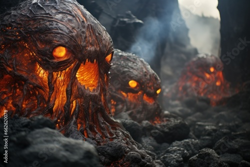 Ferocious lava golems, born from volcanic eruptions, with molten rock bodies - Generative AI photo