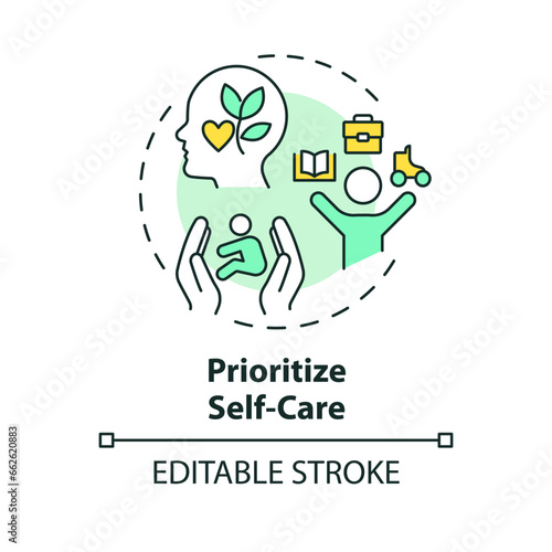 2D editable thin line icon prioritize self care concept, isolated simple vector, multicolor illustration representing parenting children with health issues.