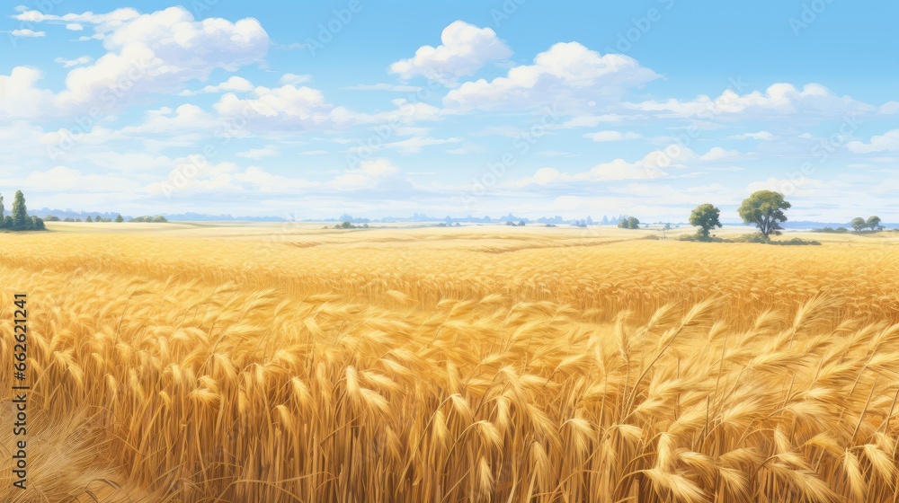 Golden rice fields before harvest, blue sky background